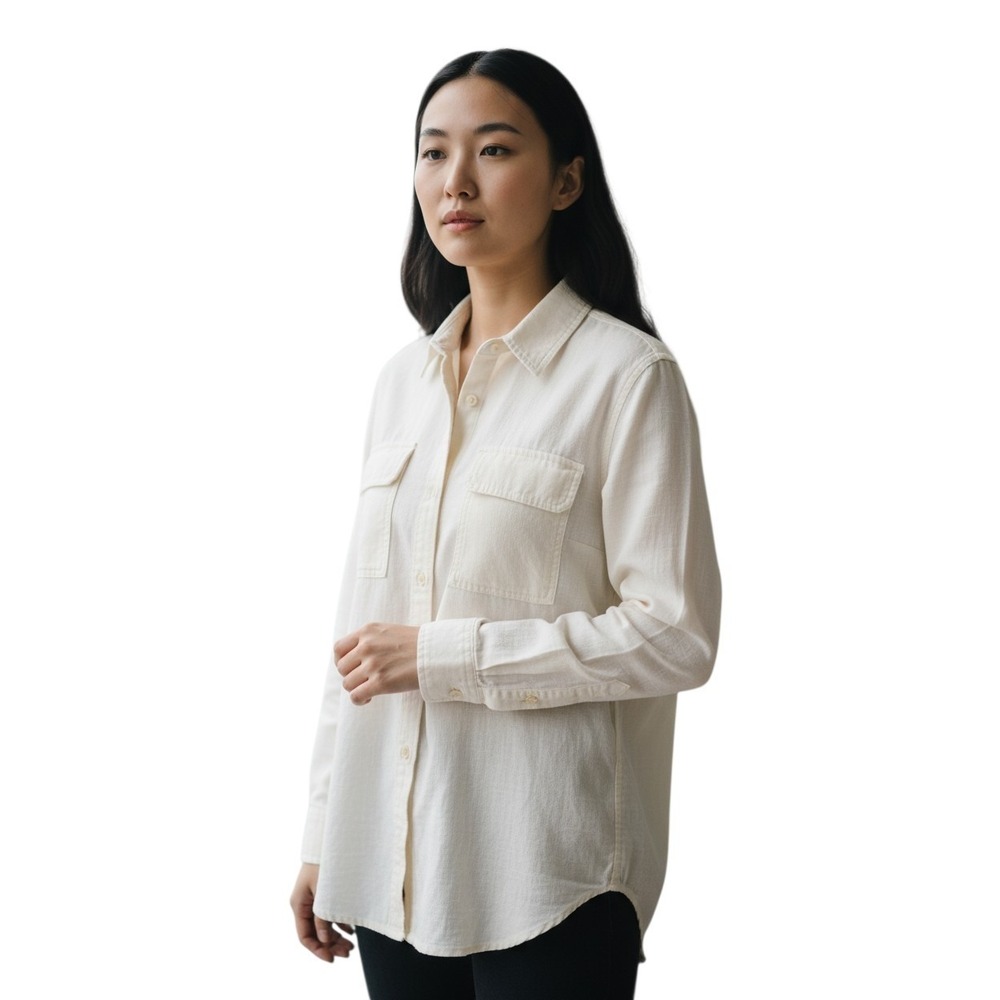 Lucky Brand Button-up Shirt Women's XS Cream Double Pocket Roll Tab Sleeves